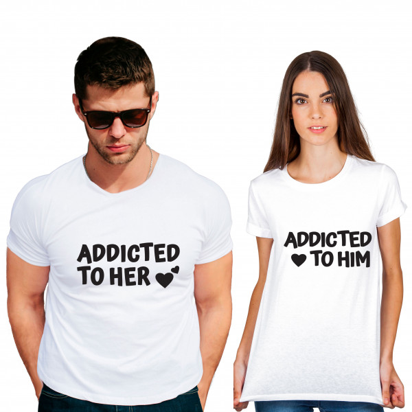 Addicted to him her Cotton White Half sleeve round neck Couple Tshirt Addicted to him her Cotton White Half sleeve round neck Couple Tshirt