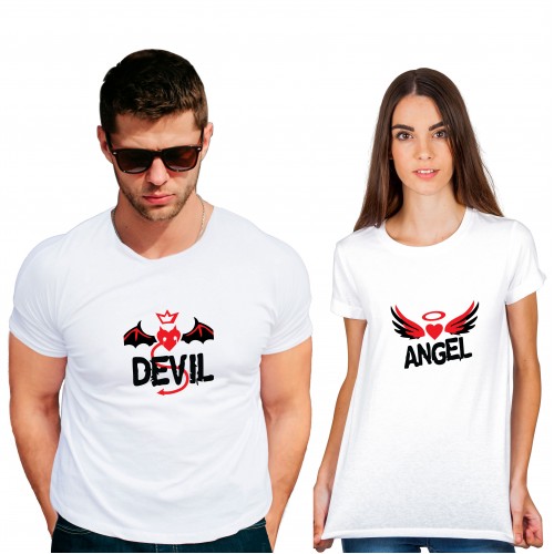 Angel Devil Cotton White Half sleeve round neck Couple Tshirt