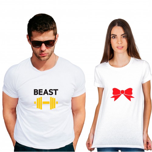 beast Bow Cotton White Half sleeve round neck Couple Tshirt