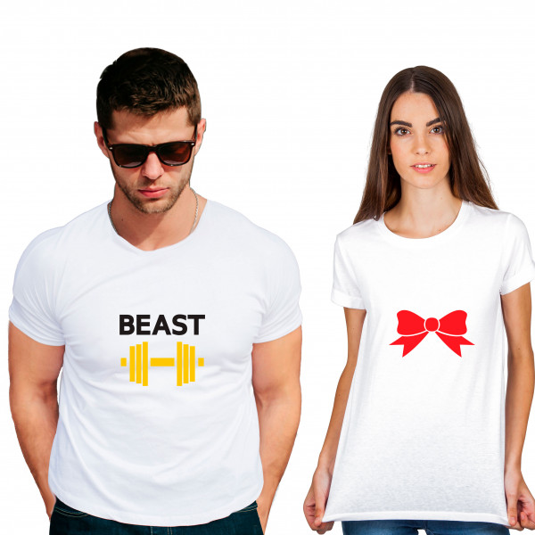 beast Bow Cotton White Half sleeve round neck Couple Tshirt beast Bow Cotton White Half sleeve round neck Couple Tshirt