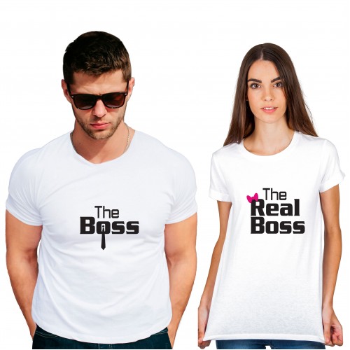 Boss Reall Boss Cotton White Half sleeve round neck Couple Tshirt