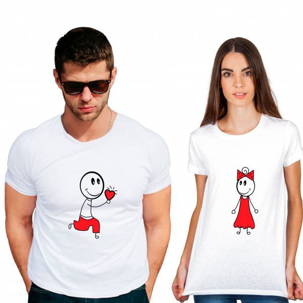 Cartoon proposal Cotton White Half sleeve round neck Couple Tshirt Cartoon proposal Cotton White Half sleeve round neck Couple Tshirt