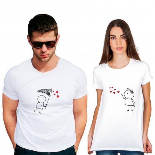 Flying kiss catch Cotton White Half sleeve round neck Couple Tshirt