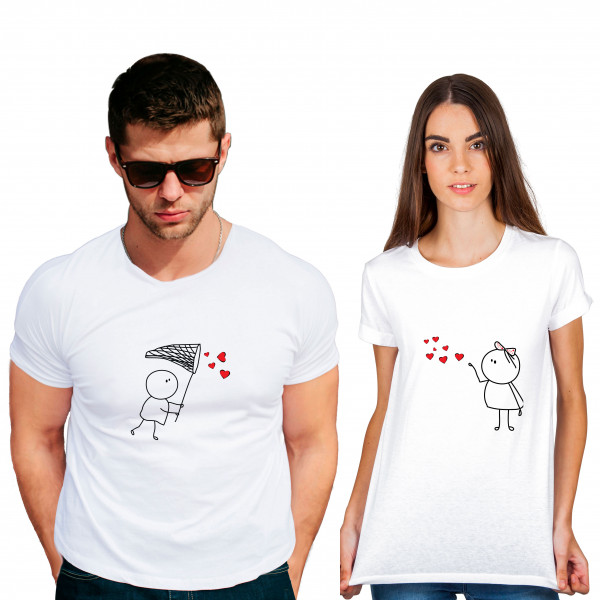Flying kiss catch Cotton White Half sleeve round neck Couple Tshirt Flying kiss catch Cotton White Half sleeve round neck Couple Tshirt