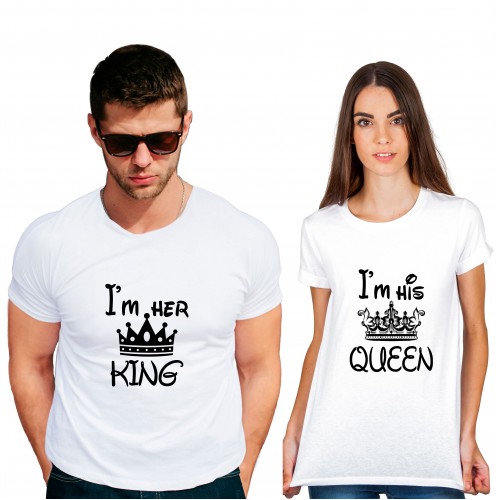 Her queen his princess Cotton White Half sleeve round neck Couple Tshirt