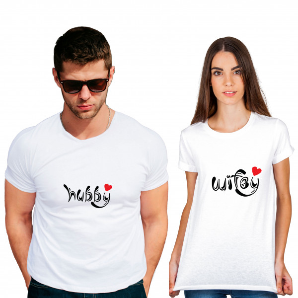 Hubby Wifey Cotton White Half sleeve round neck Couple Tshirt Hubby Wifey Cotton White Half sleeve round neck Couple Tshirt