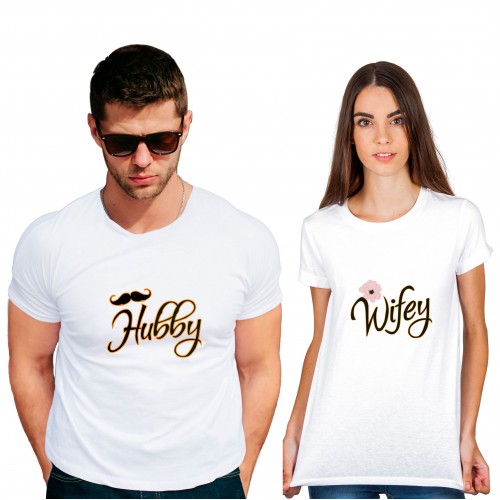 hubby wifey2 Cotton White Half sleeve round neck Couple Tshirt