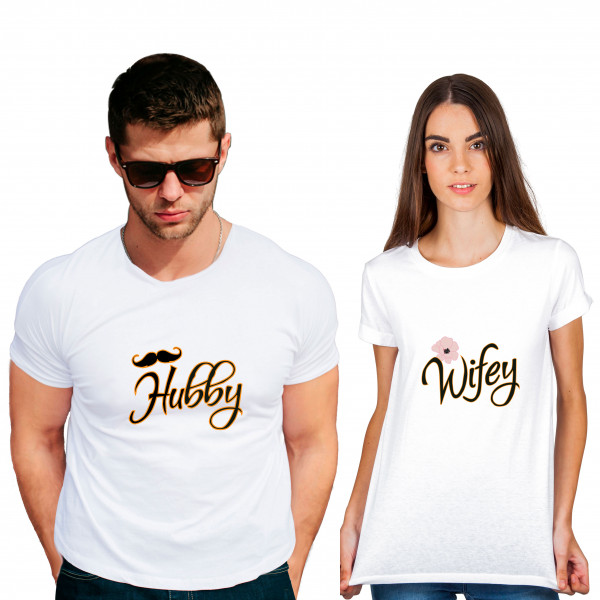 hubby wifey2 Cotton White Half sleeve round neck Couple Tshirt hubby wifey2 Cotton White Half sleeve round neck Couple Tshirt