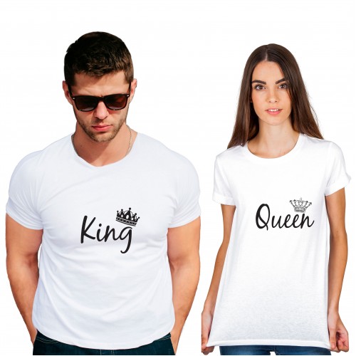King Queen Cotton White Half sleeve round neck Couple Tshirt