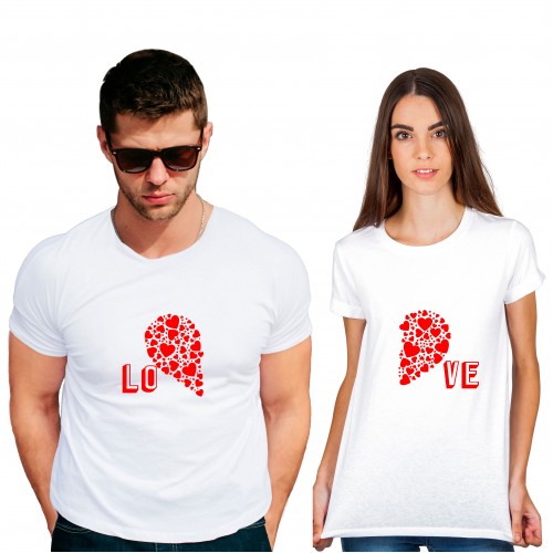 Love half heart Cotton White Half sleeve round neck Couple Tshirt