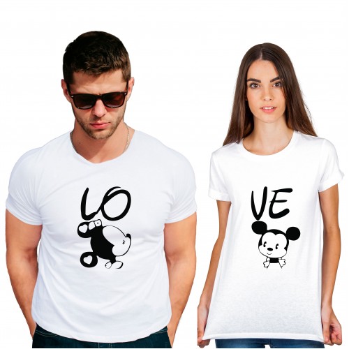 Love mickey miney Cotton White Half sleeve round neck Couple Tshirt