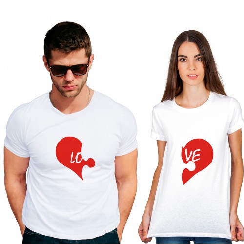 Love Cotton White Half sleeve round neck Couple Tshirt