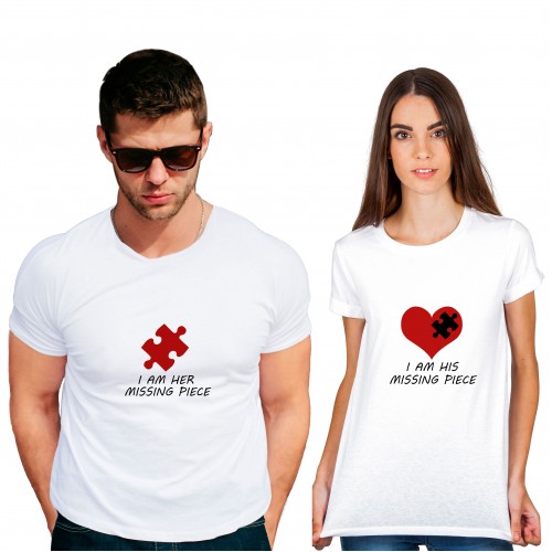 Missing piece Cotton White Half sleeve round neck Couple Tshirt