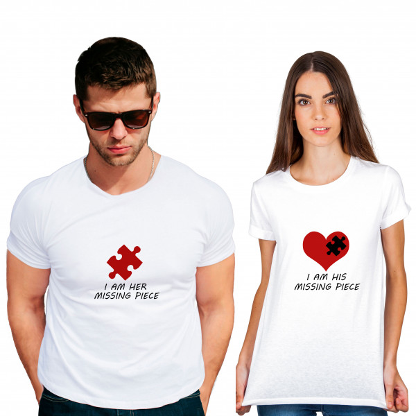 Missing piece Cotton White Half sleeve round neck Couple Tshirt Missing piece Cotton White Half sleeve round neck Couple Tshirt