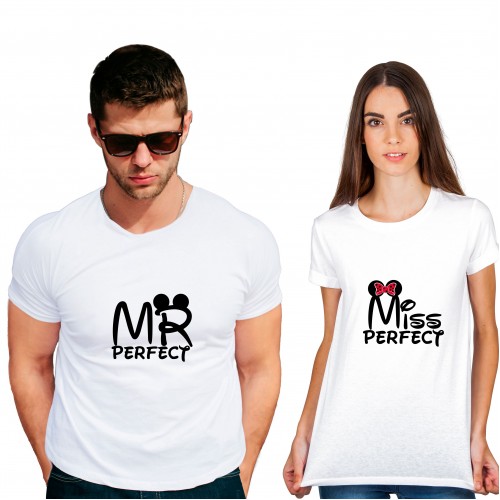 Mr Mrs perfect Cotton White Half sleeve round neck Couple Tshirt