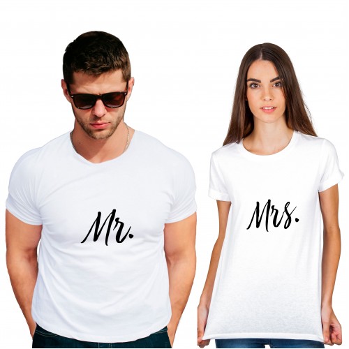 Mr MRs Cotton White Half sleeve round neck Couple Tshirt