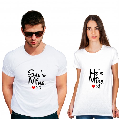 She mine he mine Cotton White Half sleeve round neck Couple Tshirt