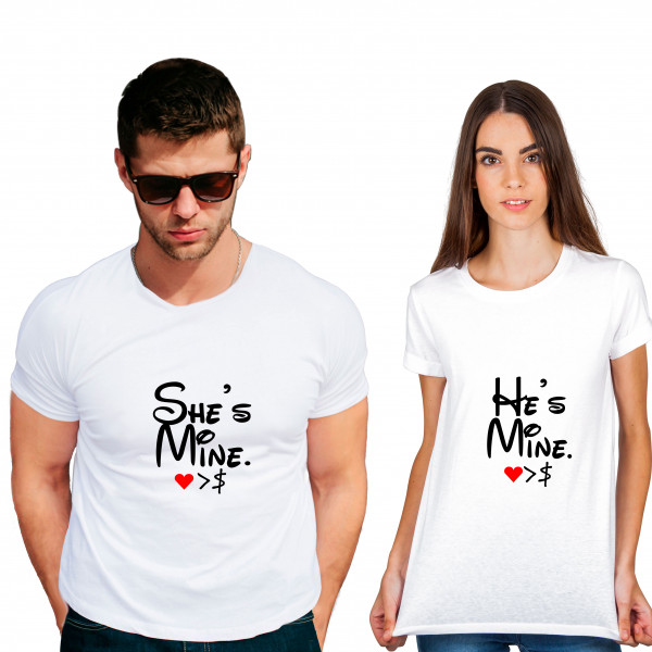 She mine he mine Cotton White Half sleeve round neck Couple Tshirt She mine he mine Cotton White Half sleeve round neck Couple Tshirt