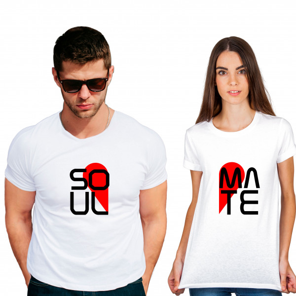 Soul mate Cotton White Half sleeve round neck Couple Tshirt Soul mate Cotton White Half sleeve round neck Couple Tshirt