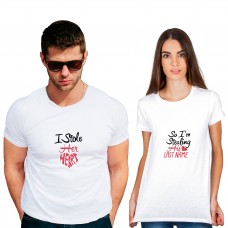 Stole heart last name Cotton White Half sleeve round neck Couple Tshirt