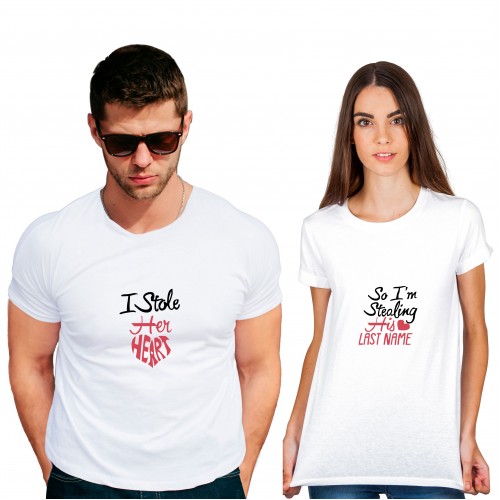 Stole heart last name Cotton White Half sleeve round neck Couple Tshirt