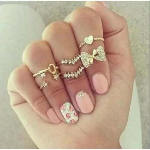 9007 6pcs/set Fashion Finger Ring Set Heart Bowknot Mid Knuckle Rhinestone Ring