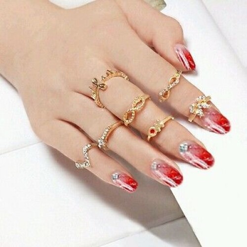 9010 1 Set 7 pcs Women Rhinestone Bowknot Knuckle Mid Finger Tip Stacking Ring