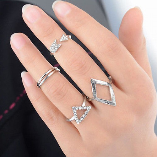9012 Women Arrow Silver Ring Triangle Joint Knuckle Ring Set of 5 Rings