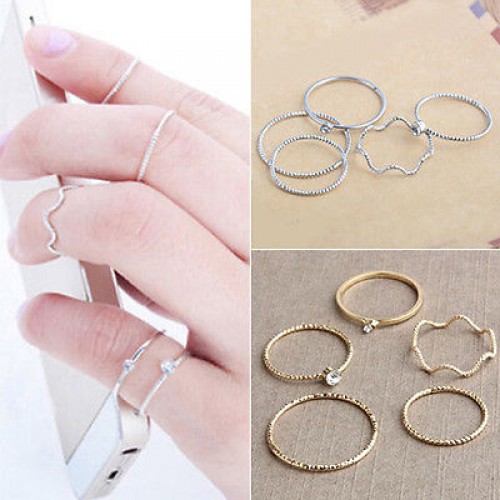 9016 5Pcs Women's Silver Band Ring Wave Alloy Stack Above Knuckle Midi Rings