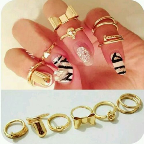 9021New Fashion 7Psc/Lot Gold Plated Alloy Heart Bow Skull Fingernail Rings 9021New Fashion 7Psc/Lot Gold Plated Alloy Heart Bow Skull Fingernail Rings