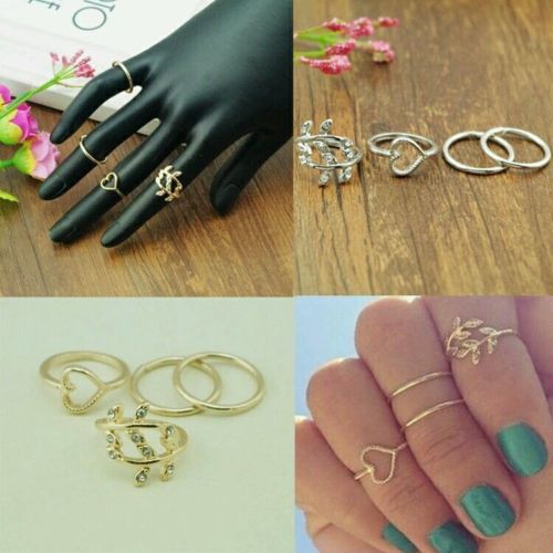 9022 4 pcs/set RING Crystal Leaf Heart Shaped Knuckle Tail Ring Gold Plated