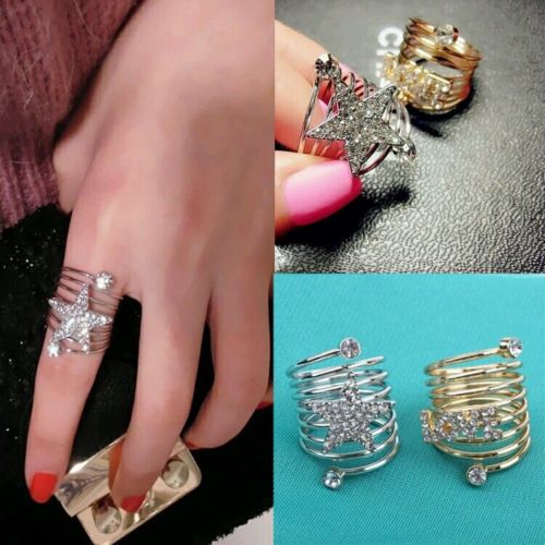 9041 Girls Personality Female Pentagram Star Spring shaped Rhinestone Ring