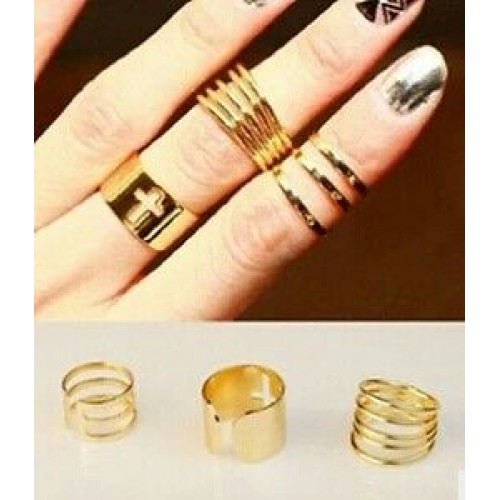 9043  Hollow cross striped three-piece metal golden ring