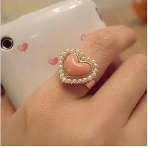 9054 Women's Fashion OL Temperament Pearl Love Heart Pink Rings