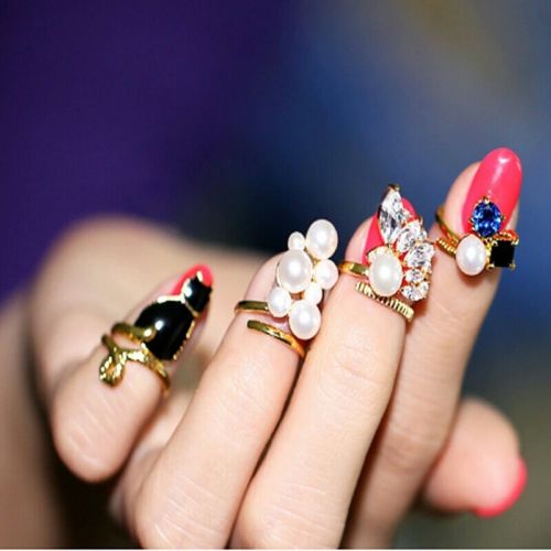 9061 Crystal Black Cat Simulated-Pearl Zircon Nail Rings Resizable Ring 4pc set