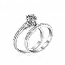 9074 Silver Ring Pair Women's Jewellery Crystal Wedding Engagement Head Panel