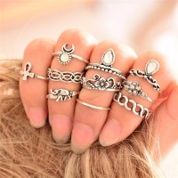 9075 Silver 10PC/Set Retro Ring Set Unique Carving Antique Crystal Women Girl