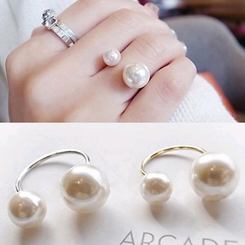 9082 Gold alloy double simulation design silver pearl beads woman circle ring
