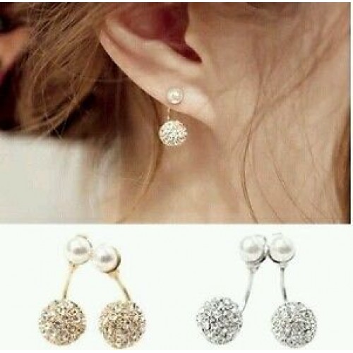 #1003 New Double Side Earrings Crystal Ball Gold Plated Simulated Pearl Earrings