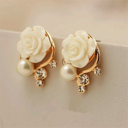 #1022 New Style Korean Women White Rose Imitation Pearl Crystal Earrings