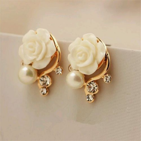 #1022 New Style Korean Women White Rose Imitation Pearl Crystal Earrings #1022 New Style Korean Women White Rose Imitation Pearl Crystal Earrings