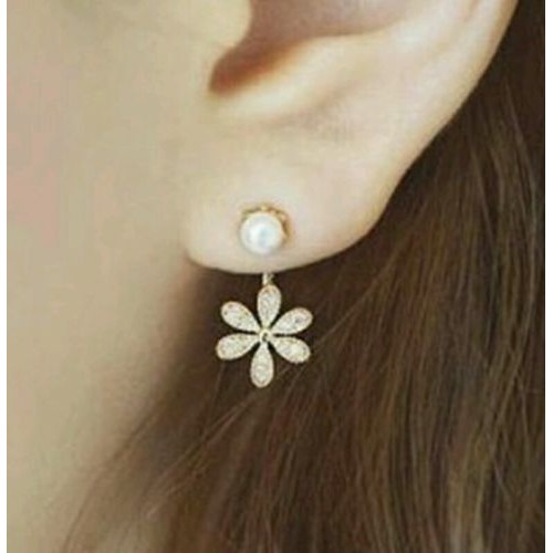 #1023 Korean Silver Plated Small Pearl with Diamond Five Leaves Flowers Earring