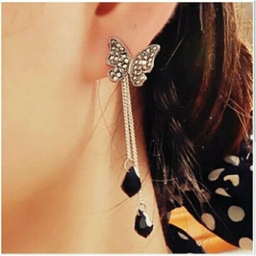 #1026 South Korea butterfly pendant tassels long section water droplets Earrings