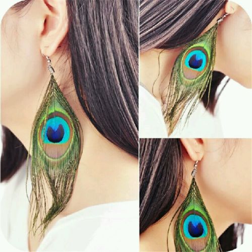 #1029 New Style Peacock Feather Silvery Hook Women's Dangle Earrings