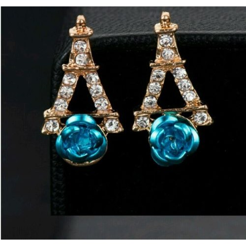 #1035 New Arrival Statement Gold Plated Eiffel Tower Blue Flower Stud Earrings