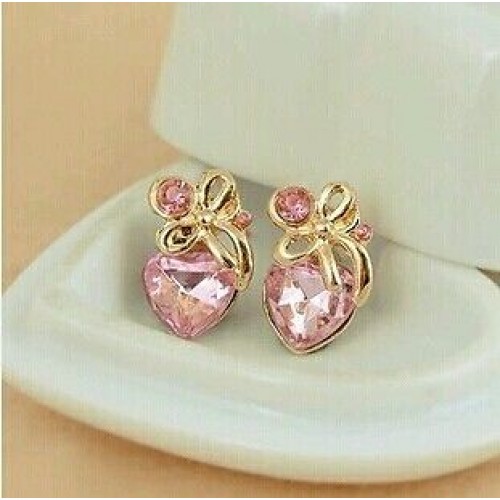 #1042 Hot New Fashion Korean love pink crystal bow earrings