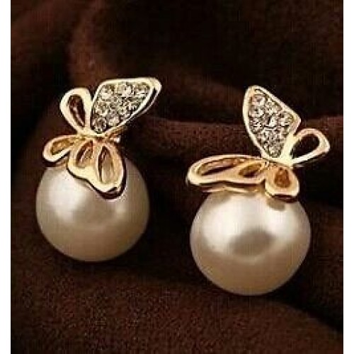 #1051 Imitation Pearl Cz Diamond Stud Earrings Female Butterfly Earrings