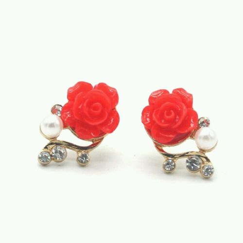 #1053 2016 New Korean Style Pink  and Red Rose Crystal Pearl Stud Earings