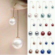 #1054 Women U-Shaped Double Sided Faux White Pearl Ball Drop Dangle Earrings