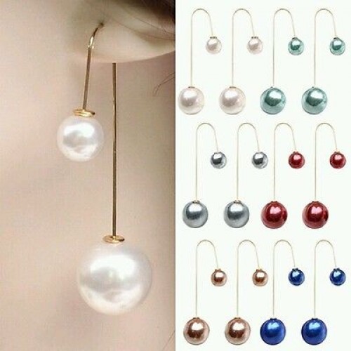 #1054 Women U-Shaped Double Sided Faux White Pearl Ball Drop Dangle Earrings